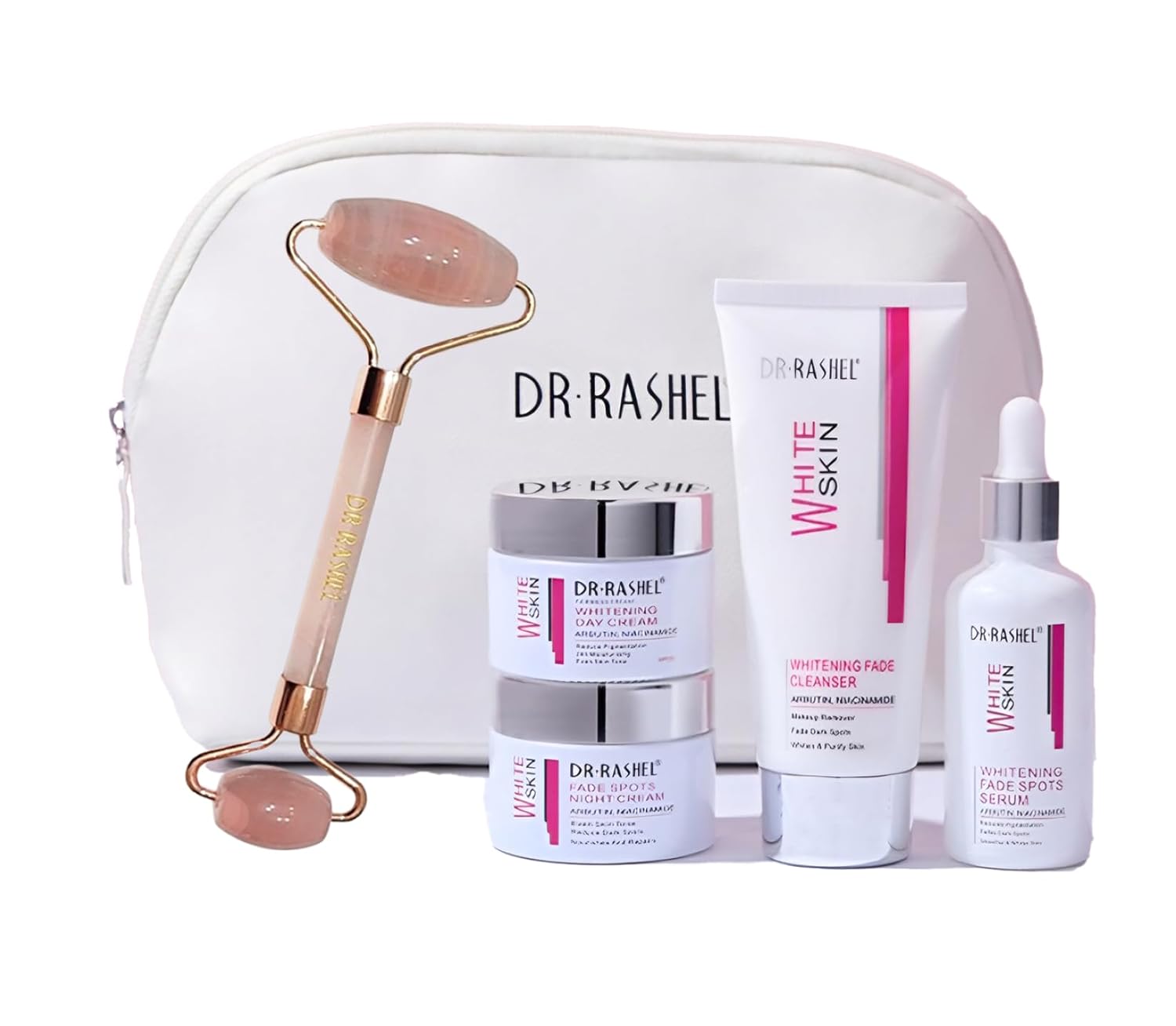 Fade Spots Skin Care Gift Set (4pcs), Including Fade Spots Face Serum, Fade Spots Day & Night Cream & Cleanser + 1 Pcs Rose Quartz Face Jade Roller & Makeup Pouch