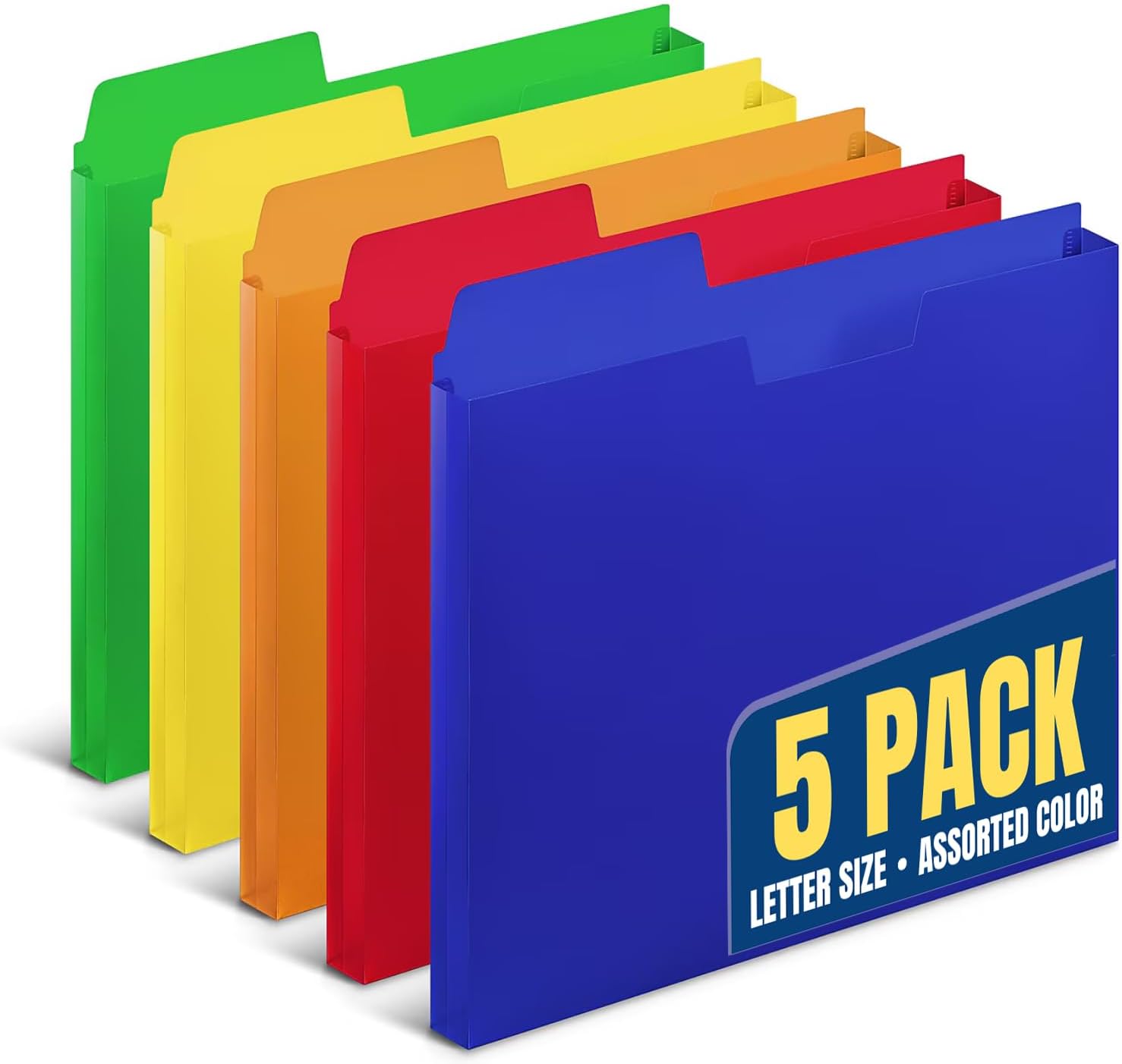 1InTheOffice File Jackets Letter Size, File Pocket Folders, Plastic File Jackets, 1/3 Cut Tab, 8.5" X 11", Reinforced, Assorted Colors, 5 Pack
