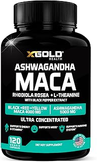 Ashwagandha 5,000mg + Maca Root Black, Red, Yellow 4,000mg, Rhodiola & L-Theanine: 30:1 Extract Ashwagandha Capsules, 20:1 Extract Maca Root Capsules - Supplement for Men and Women