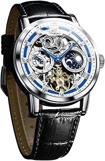 OLEVS Men Skeleton Watch Automatic Winding Moon Phase Dress Luxury Leather Strap Waterproof Luminous Men Wrist Watch