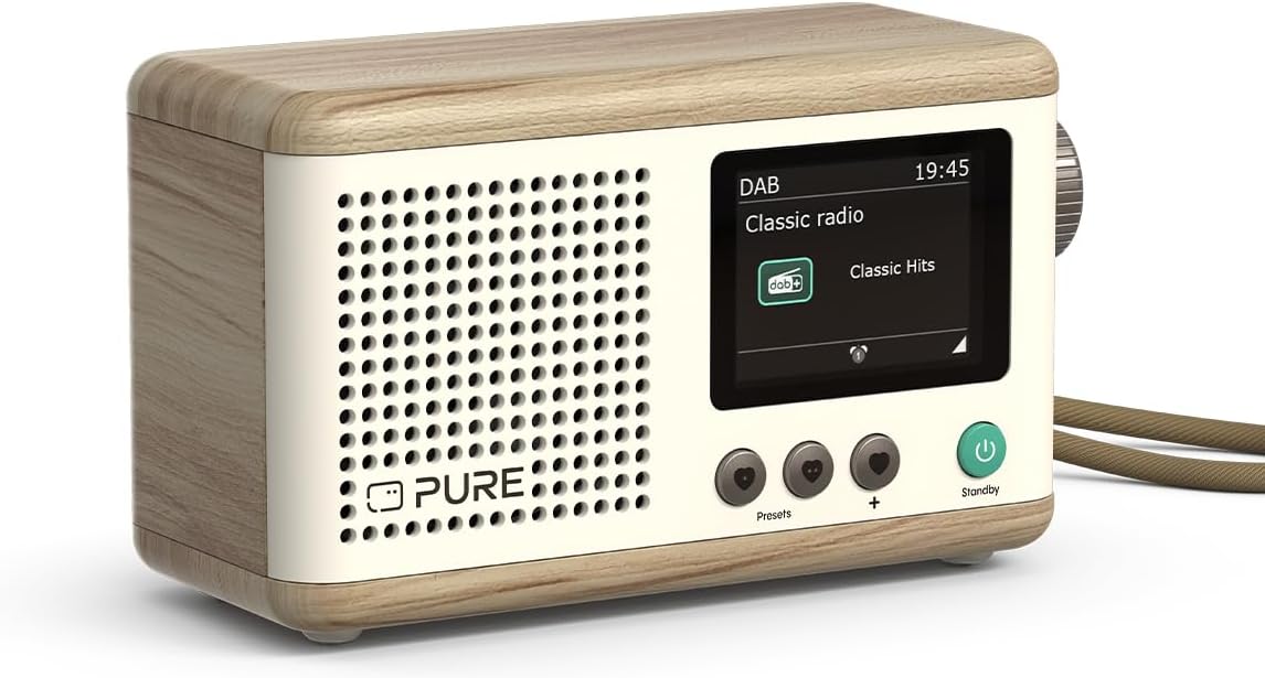 Classic Mini Portable digital radio - DAB+ & FM - Bluetooth 5.3-15 hours battery life - 2 equaliser options - 2.4 inch colour display - Carrying strap - Cotton white/oak - Compact & lightweight