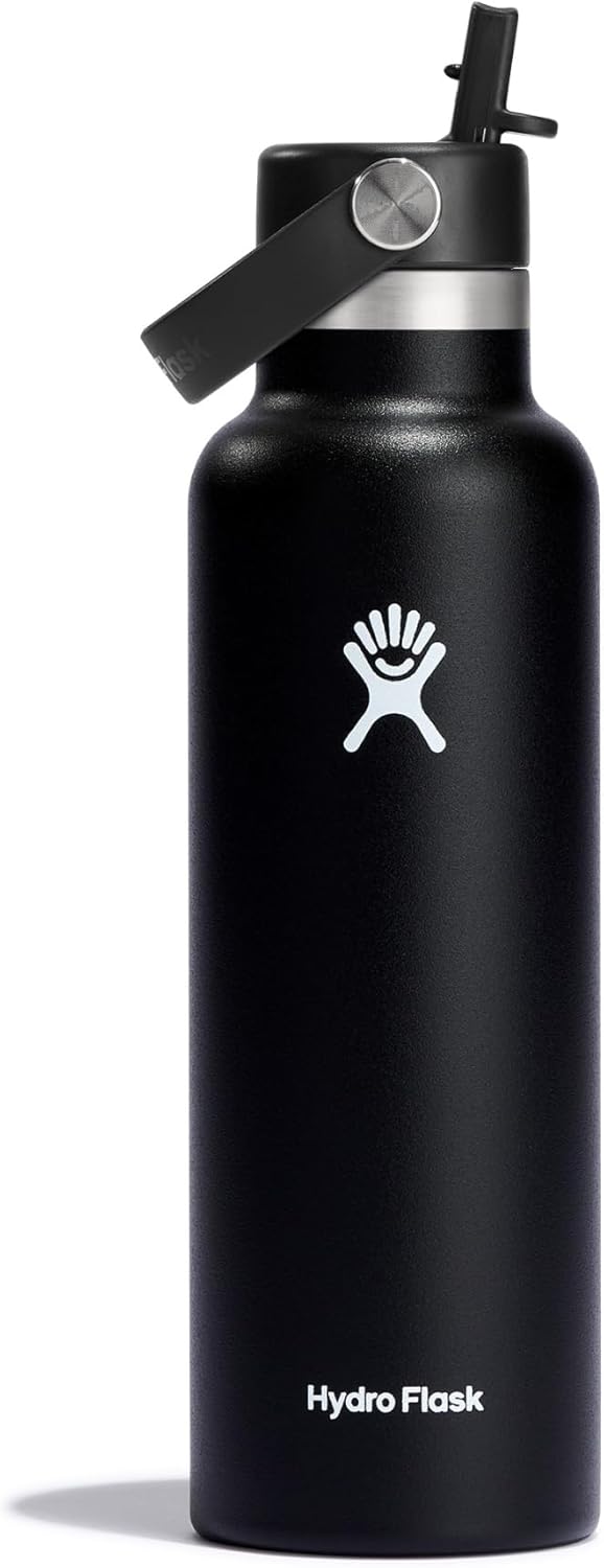 Hydro Flask - Water Bottle 621 ml (21 oz) - Vacuum Insulated Stainless Steel Water Bottle with Flex Straw Cap - Standard Mouth - Black