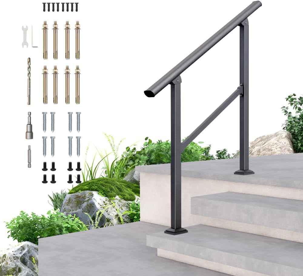 DIYHD 3 Step Handrail for Outdoor,Powder Coated Iron Stair Railing,Black Hand Rails for Indoor, Porch,Deck,1 Pack