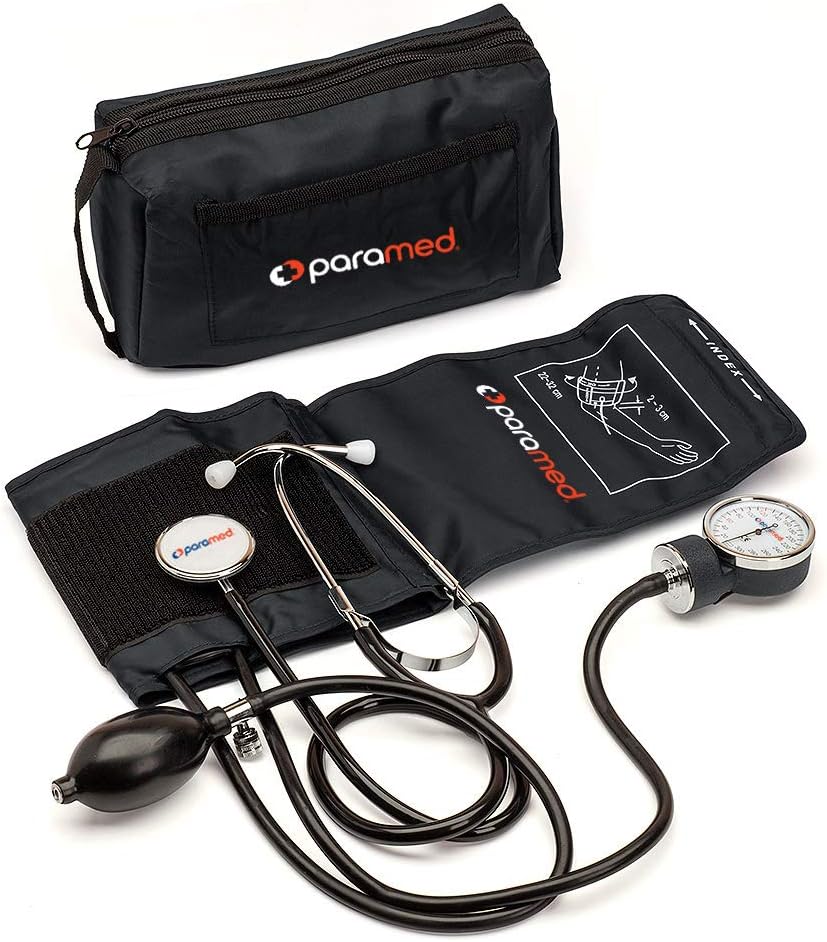 PARAMED Aneroid Sphygmomanometer with Stethoscope – Manual Blood Pressure Cuff with Universal Cuff 8.7-16.5" and D-Ring – Carrying Case in The kit – Black