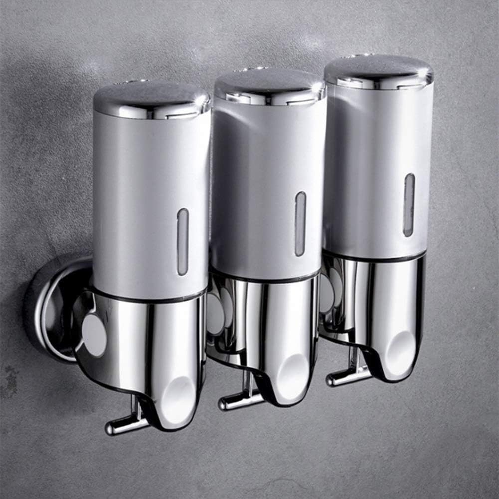 3 in 1 Chamber Wall Mounted Bathroom Shower Pump Dispenser and Organizer-Holds Shampoo, Soap, Conditioner, Shower Gel, for Bathroom Kitchen Hotel (Silver)