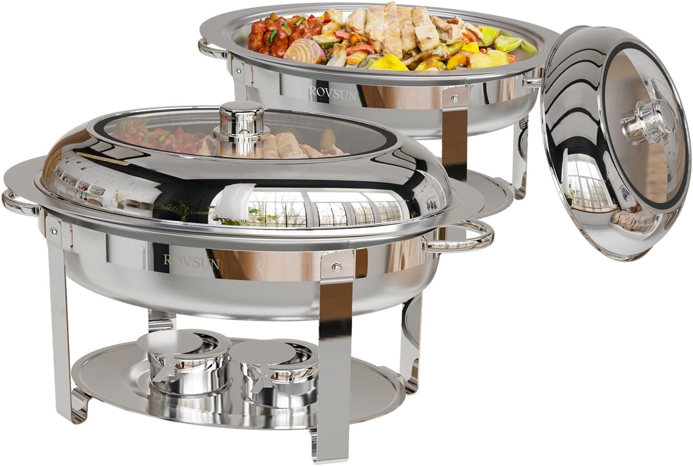 ROVSUN 2 Pack Oval Chafing Dish for Buffet, 6QT Stainless Steel Chafing Dish Buffet Set with Glass Lid, Chafers and Buffet Warmers Sets for Party, Catering, Wedding, Banquet, Graduation
