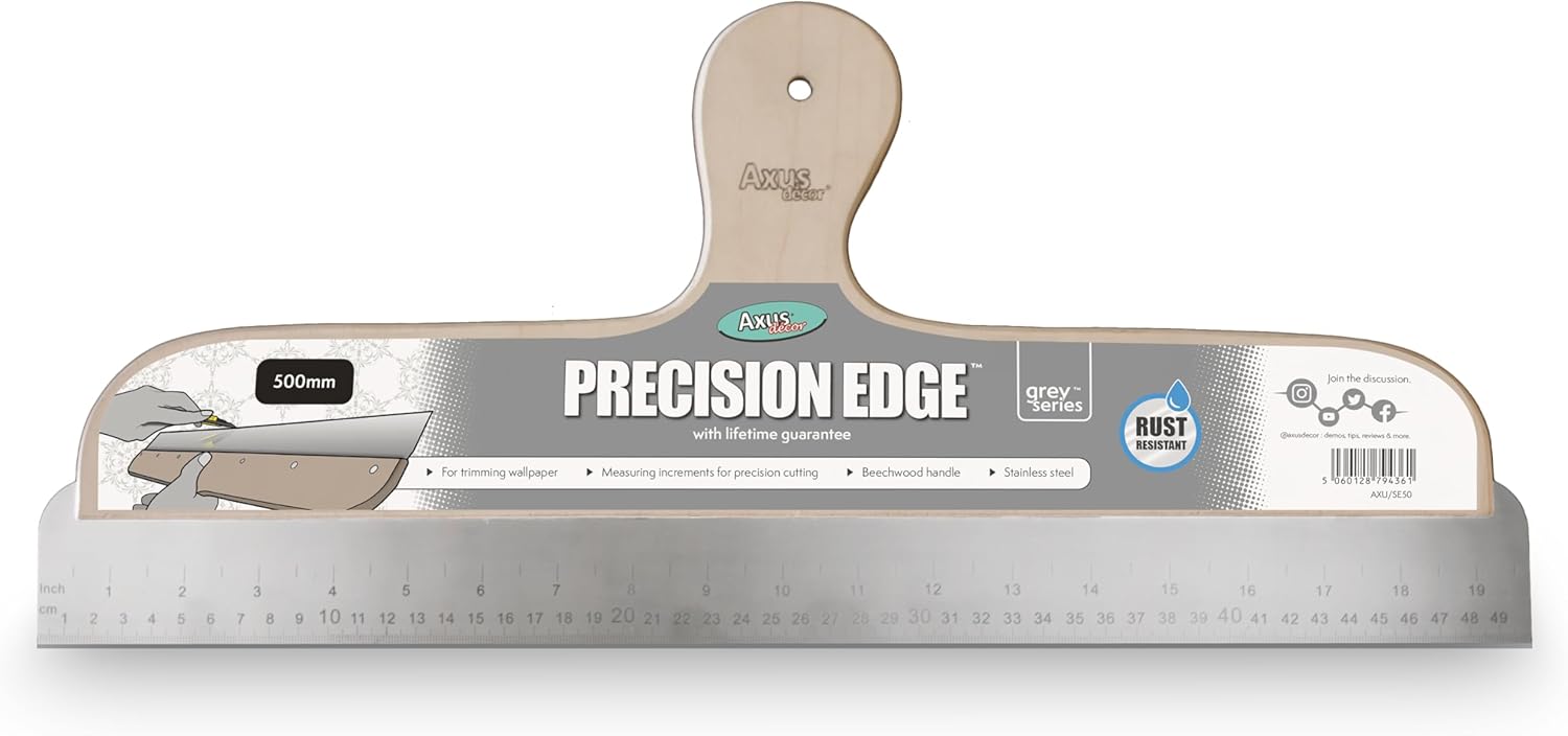 Axus Decor Precision Edge 500mm (Grey Series) - Multipurpose Tool With Measuring Increment & Cutting Blade - Wallpaper Cutting Tool With Stainless Steel Blade & Beechwood Handle, Grey