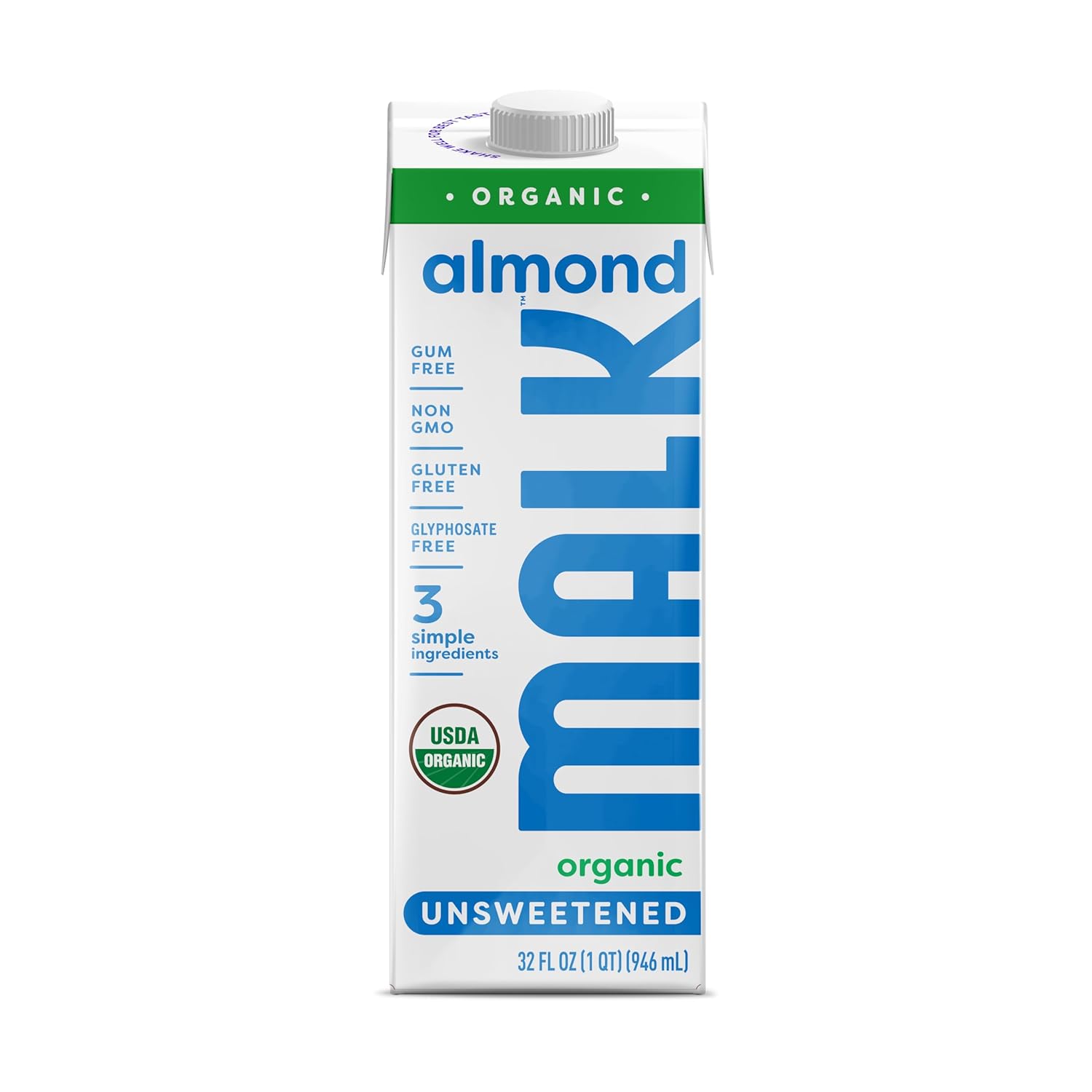 MALK Shelf Stable Organic Unsweetened Almond Milk - 32 Fl oz - Non GMO - Gum Free, No Fillers, Oil Free