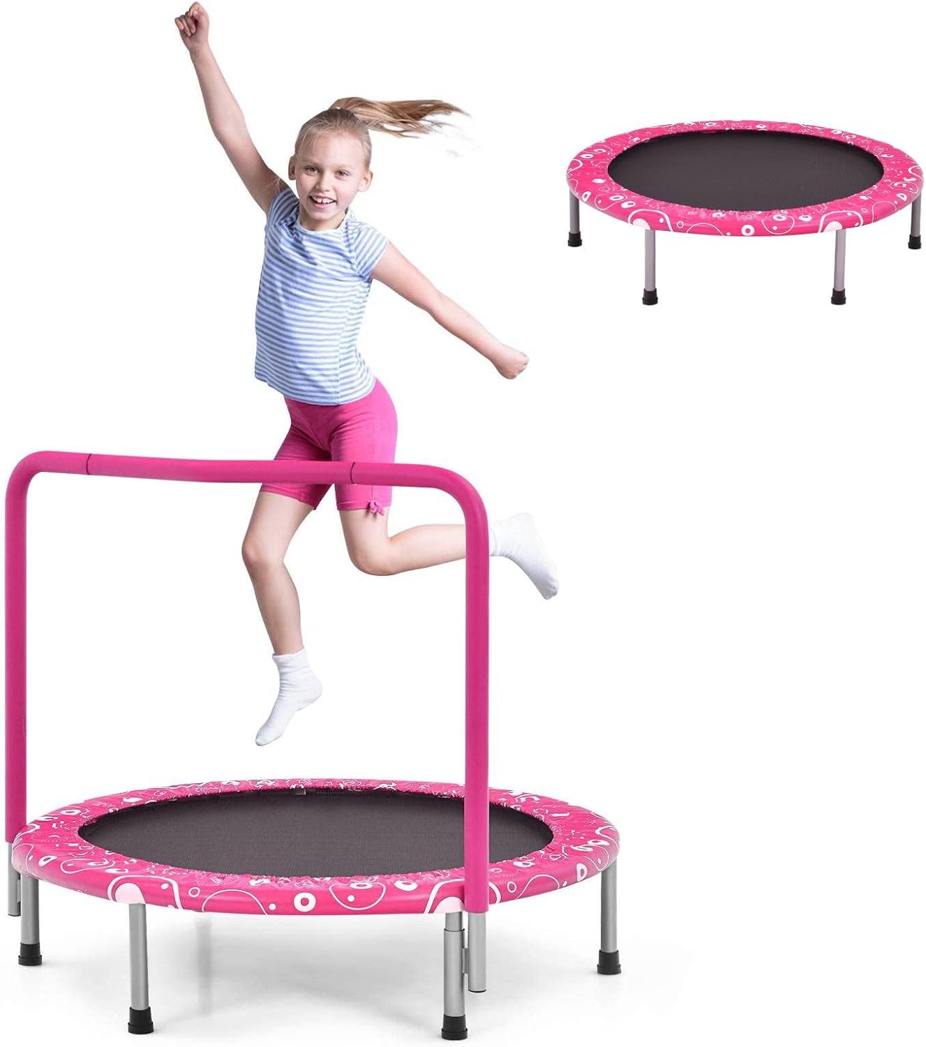 GYMAX Kids Trampoline with Handle, 36’’ Foldable Rebounder, Protective Cover, Outdoor Indoor Mini Trampolines for Children, Max Weight 150kg