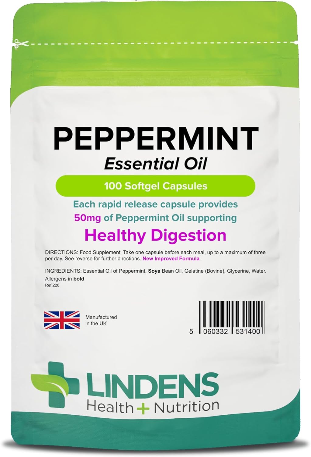Lindens - Peppermint Oil 50mg Capsules - 100 Pack - UK Made - Essential Oil of Peppermint Supporting Healthy Digestion - Letterbox Friendly