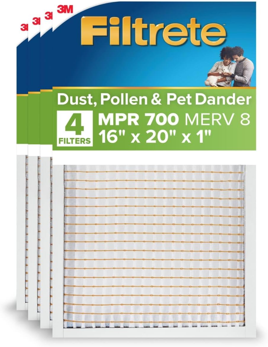 Filtrete 16x20x1 AC Furnace Air Filter, MERV 8, MPR 700, Tough on Pollen, Easy on Airflow, 3-Month Pleated 1-Inch Electrostatic Air Cleaning Filter, 4-Pack (Actual Size 15.688 x 19.688 x 0.78 in)