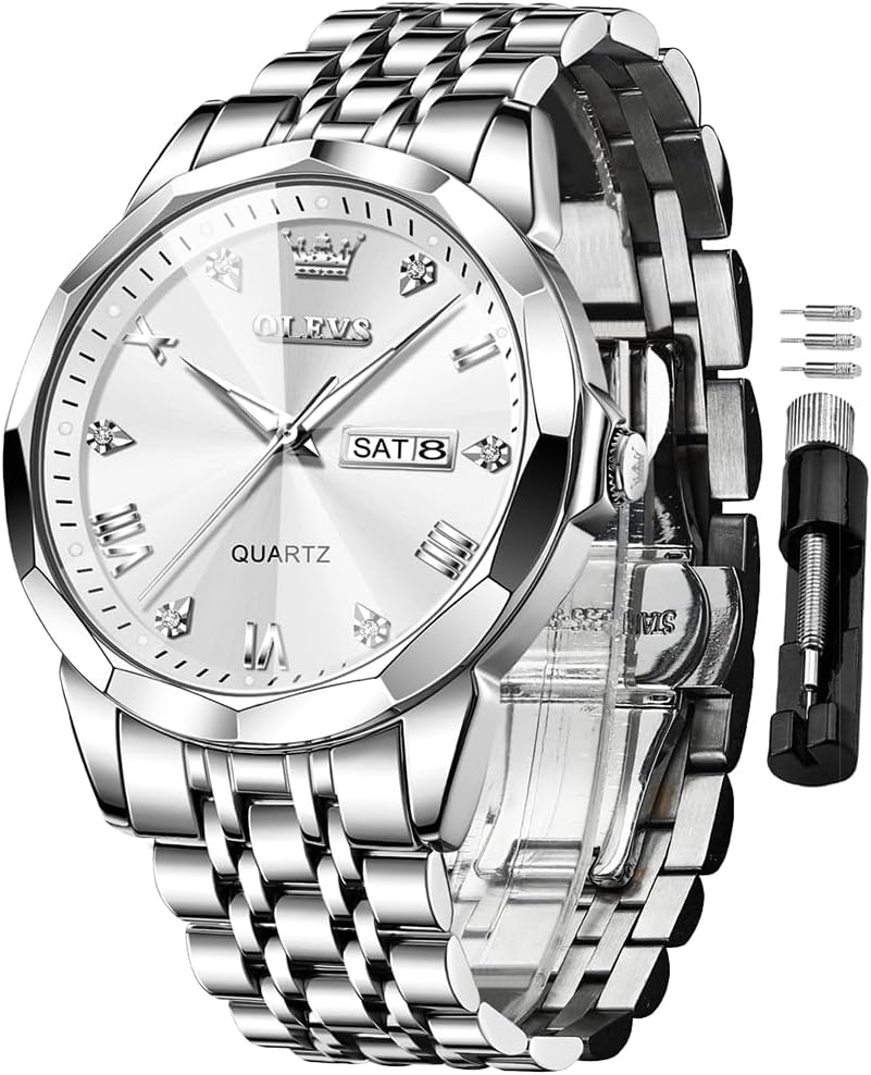 OLEVS Men Watches Business Dress Diamond Analog Quartz Date Luxury Wrist Watch Casual Stainless Steel Waterproof Luminous Two Tone Watch for Men