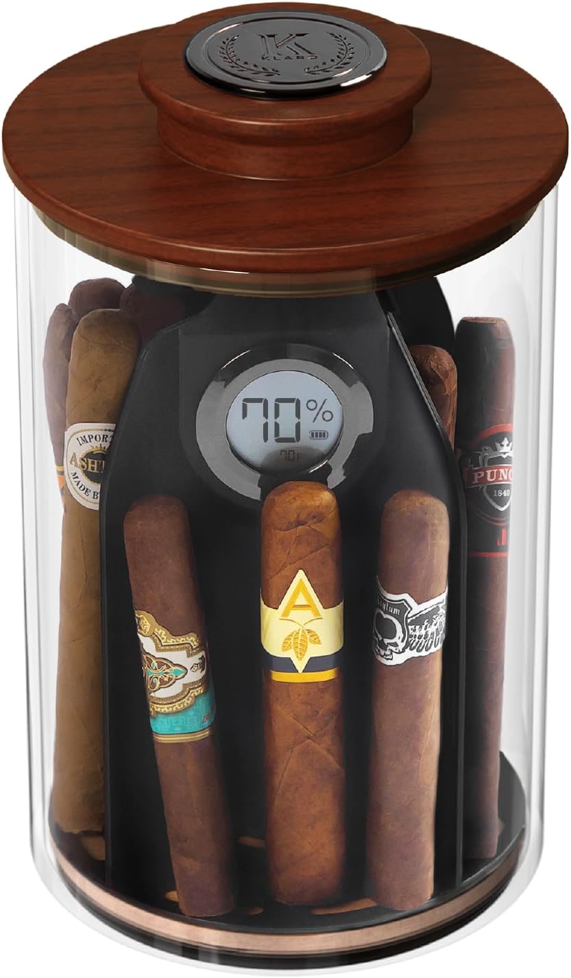 CASE ELEGANCE - Cylindor Humidor - Tupperdor Air-Tight Glass Jar, Acacia Wood Lid, Digital Hygrometer, Spanish Cedar, Divider System, and Starter Humidity Pack - Holds 25-35 Cigars