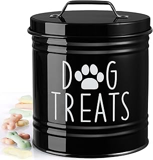 Large Dog Treat Container Airtight - 6.6" Tall X 6" Round Black Dog Treat Jar for Kitchen Counter - Rustic Treat Storage Canister for Dogs, Cats, Small Animals