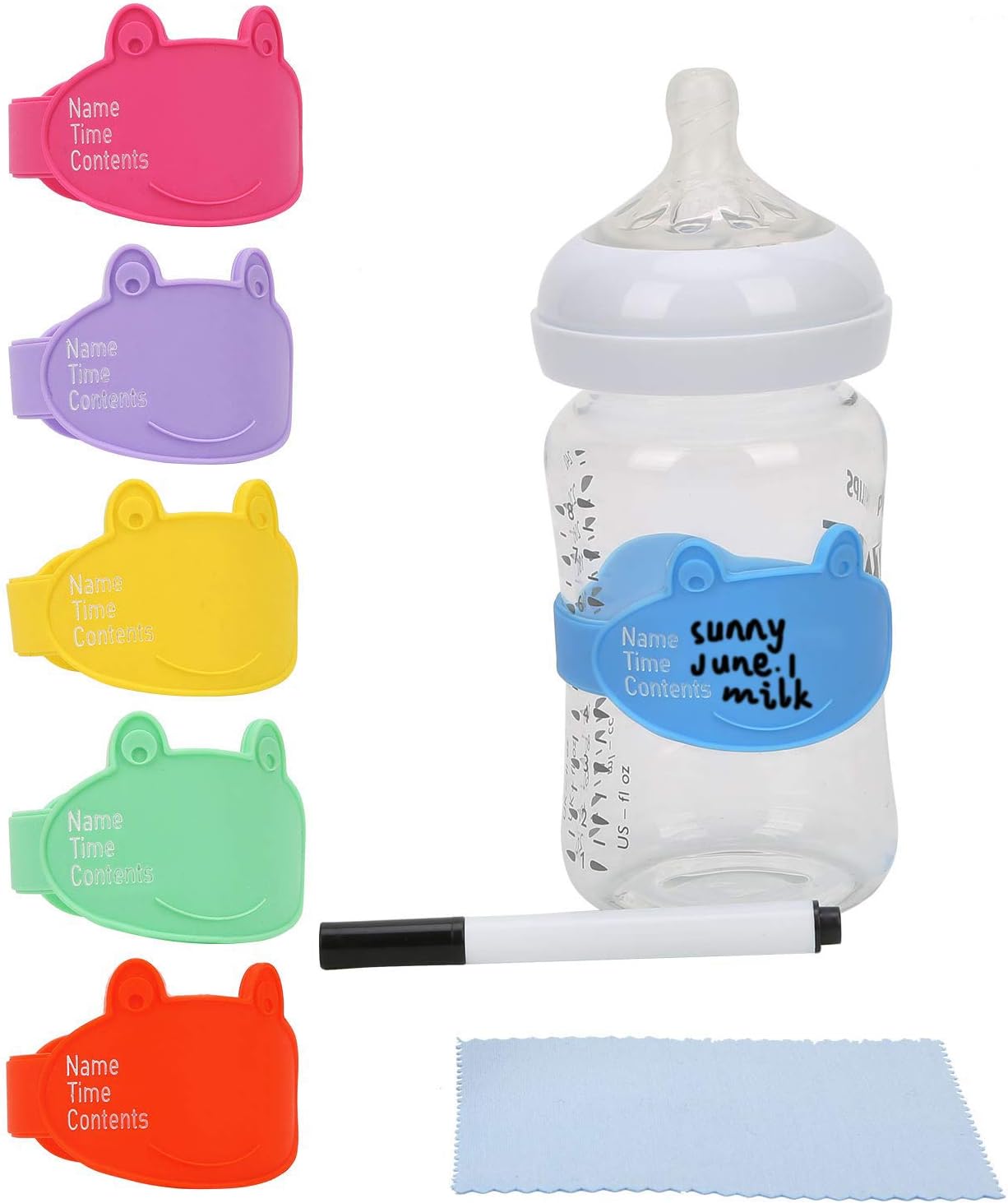 Baby Bottle Labels for Daycare, Durable Writable Reusable Food -Grade Silicone 6 Pack Baby Bottle Labels with Dry Erase Marker Foretoo
