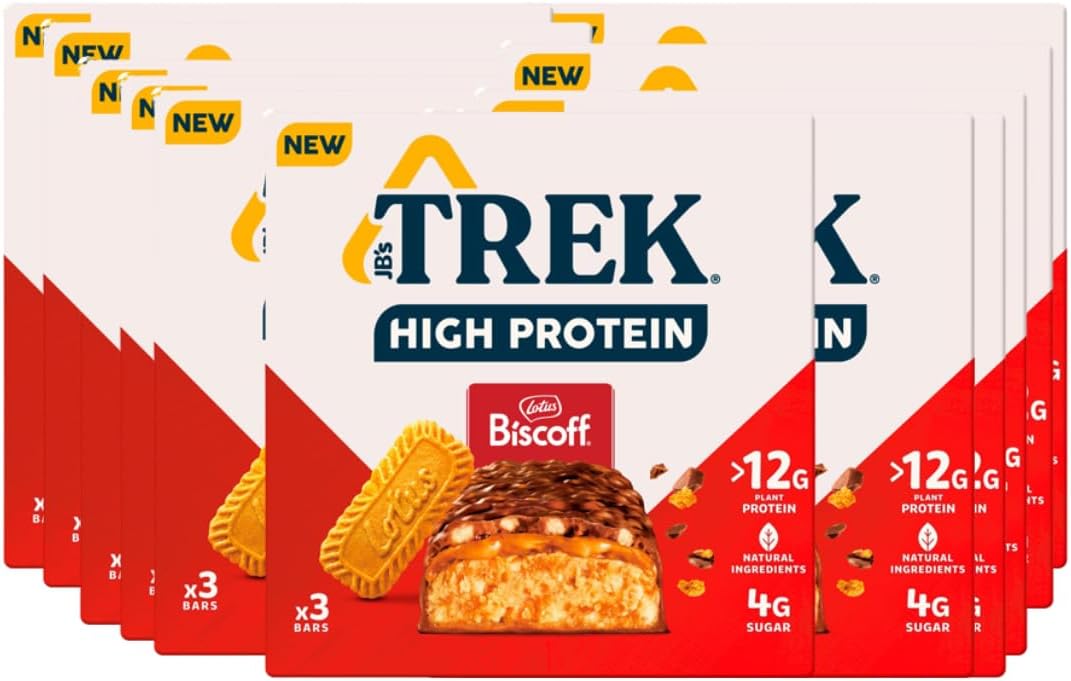 Priceless Discounts Online TREK High Protein Biscoff Bar (36 x 44g Bars) Lotus Flavour Plant-based Protein High Fibre Protein Bars, 12 x 3 Packs, 36 Bars Total, Full Case Deal
