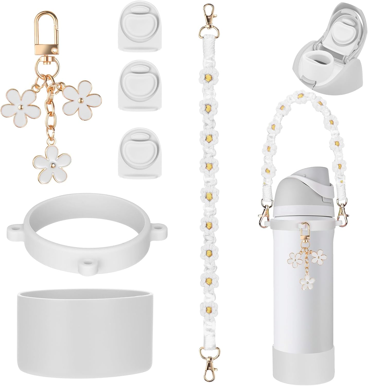 Mity rain White 32oz Water Bottle Replacement Parts Set for Owala FreeSip - Includes Replacement Top Lid Gasket Stoppers, Handle Strap, Boot and Charms Accessories