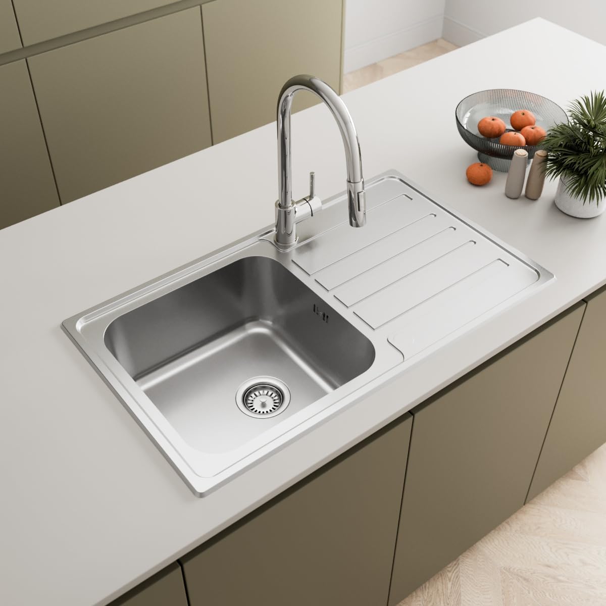 860 x 500mm Stainless Steel Kitchen Sink Single One 1.0 Bowl Inset Drop in Installation, Right Hand Drainer, 18/8 Grade Steel Sinks, Free Basket Strainer Waste