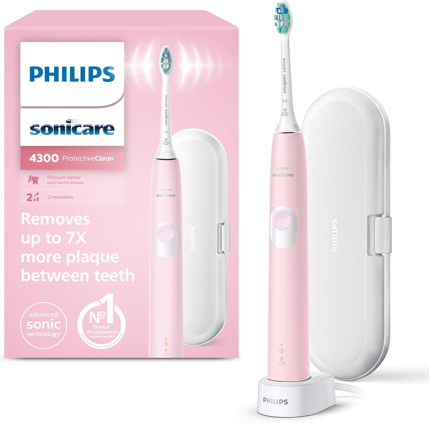 Philips Sonicare ProtectiveClean 4300 Electric Toothbrush, Sonic Toothbrush with Two Intensity Levels, Pressure Sensor and Timer, Pink, Model HX6806/03