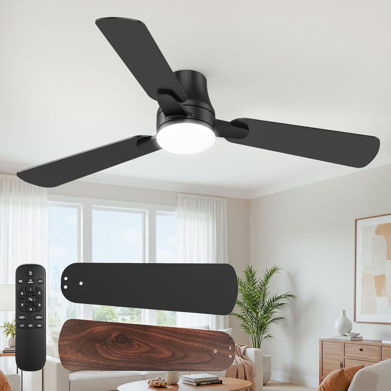 Ceiling Fans with Lights and Remote: 42 Inch Modern Black Ceiling Fan, Low Profile Flush Mount, Quiet Reversible DC Motor & 3CCT Dimmable LED for Bedroom Living Room Kitchen Indoor Outdoor