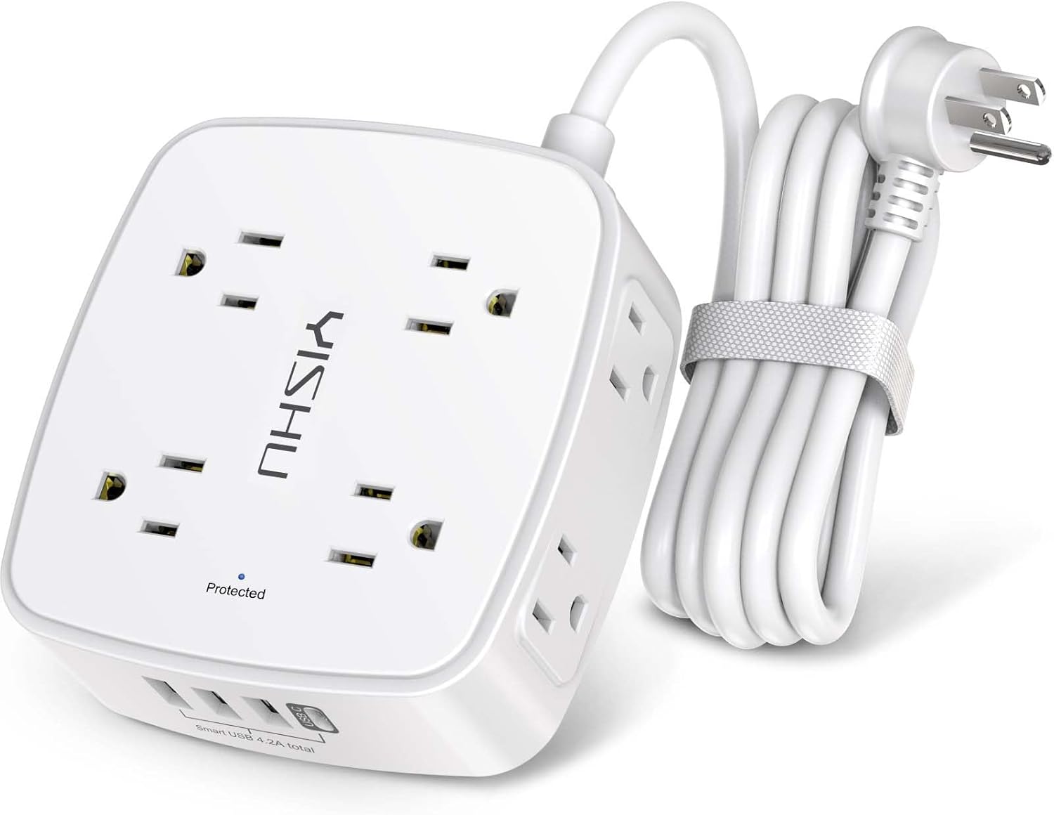 6 Ft Surge Protector Power Strip - 8 Widely Outlets with 4 USB Ports, 3 Side Outlet Extender with 6 Feet Extension Cord, Flat Plug, Wall Mount, Desk USB Charging Station, ETL,White