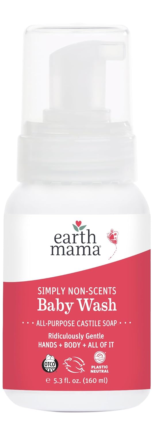 Earth Mama Simply Non-Scents Baby Wash Foaming Hand Soap, Organic Fragrance Free Body Wash, Unscented Body Wash, Castile Soap with Coconut Oil, Shea Butter, Calendula, & Aloe, 5.3floz