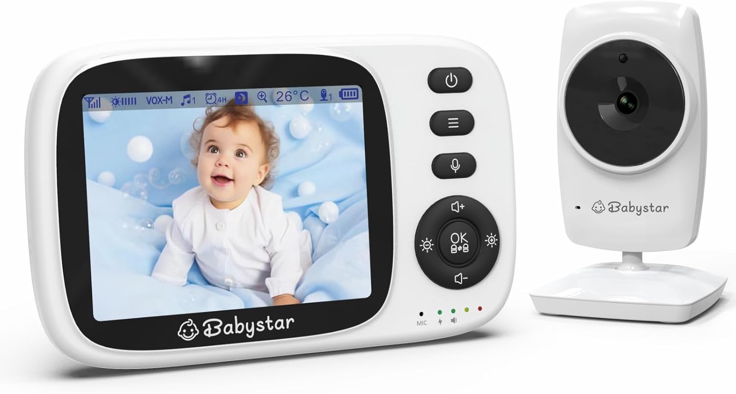 Babystar Baby Monitor with Camera and Night Vision,3.2inch Screen Wireless Video Baby Monitor with Rechargeable Battery, VOX Mode, Temperature Monitoring,Two-Way Audio,Soothing Sounds & Lullabies