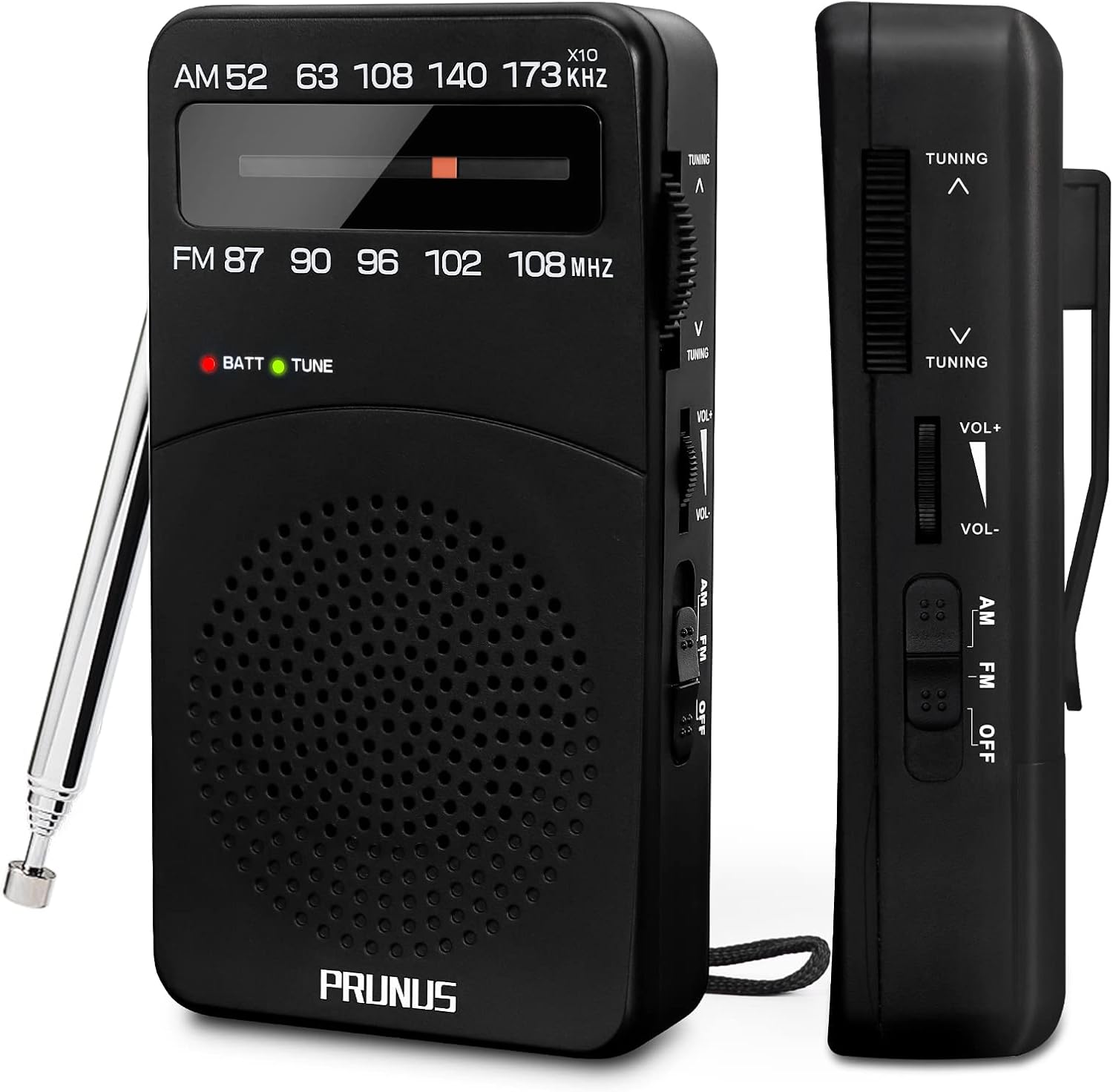 PRUNUS J-166 Portable Radio Battery Operated, AM FM Radios Pocket, Small Radio Transistor with Tuning Light, Back Clip, Excellent Reception for Outdoor & Indoor & Emergencies