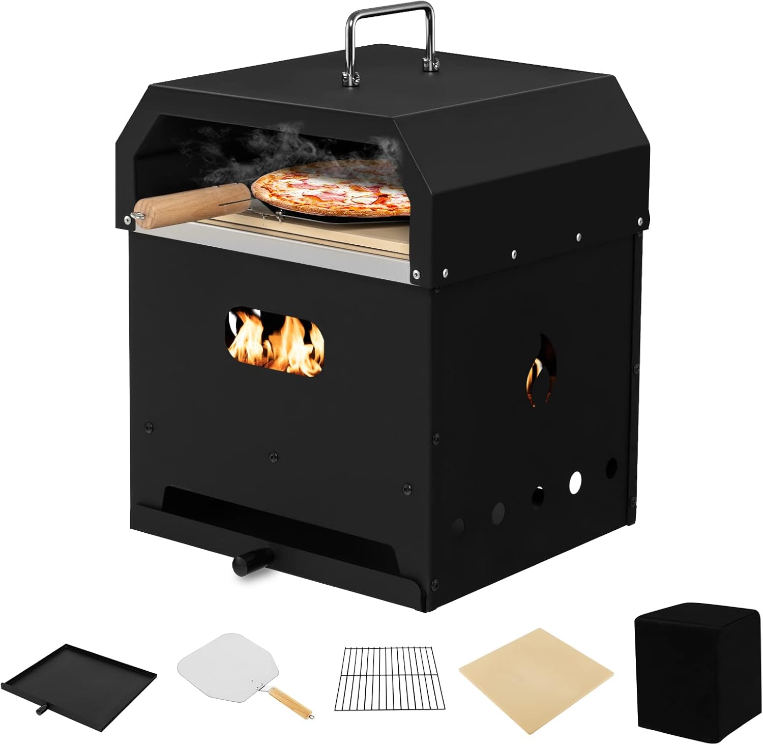 ORALNER Pizza Oven Outdoor, 4-in-1 Wood Fired Pizza Oven and Grill Combo W/ 12" Pizza Stone, Pizza Peel, Water-Proof Cover & Grill Grate, Portable Fire Pit Backyard Pizza Maker for Party, Camping