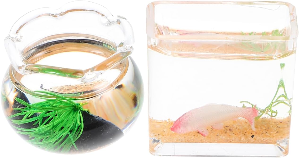 1:12 Scale Mini Glass Fish Tank - Miniature Round & Square Bowl for Dollhouse Accessories Home Decor Garden Scene Desktop Ornament, Kids Adult Collectors