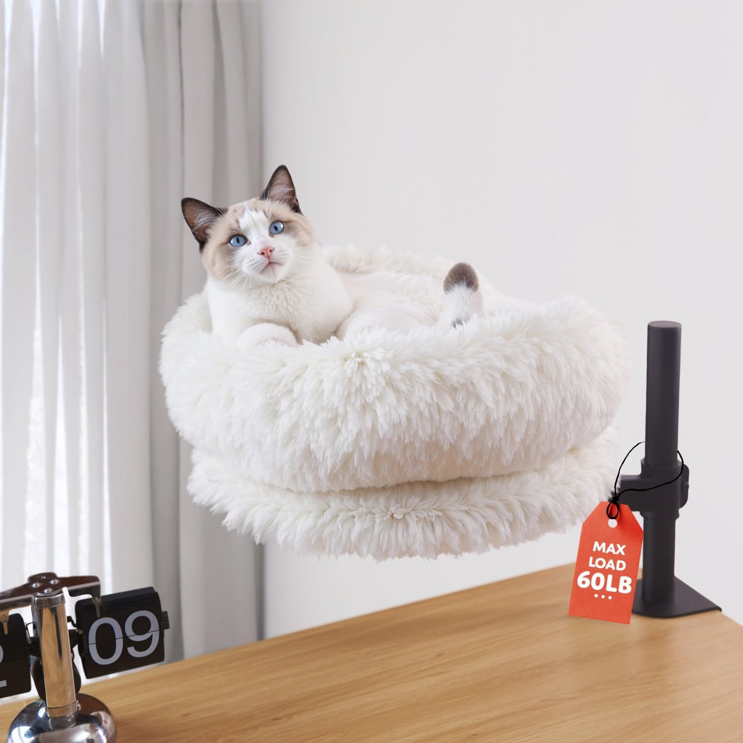 Cat Desk Bed with 360° Rotation & Height Adjustment, 60LB Capacity – Ultra-Plush Desk Mounted Perch Attachment, Table Cat Bed for Computer Desk, Washable Fluffy Hammock