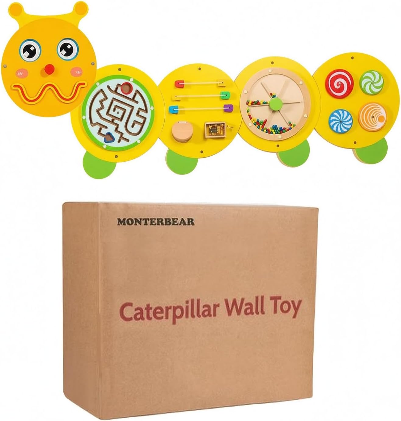Activity Board Learning Wall-Mounted Wooden Activity Board Horizontal for Children, A-style Caterpillar Wall Game