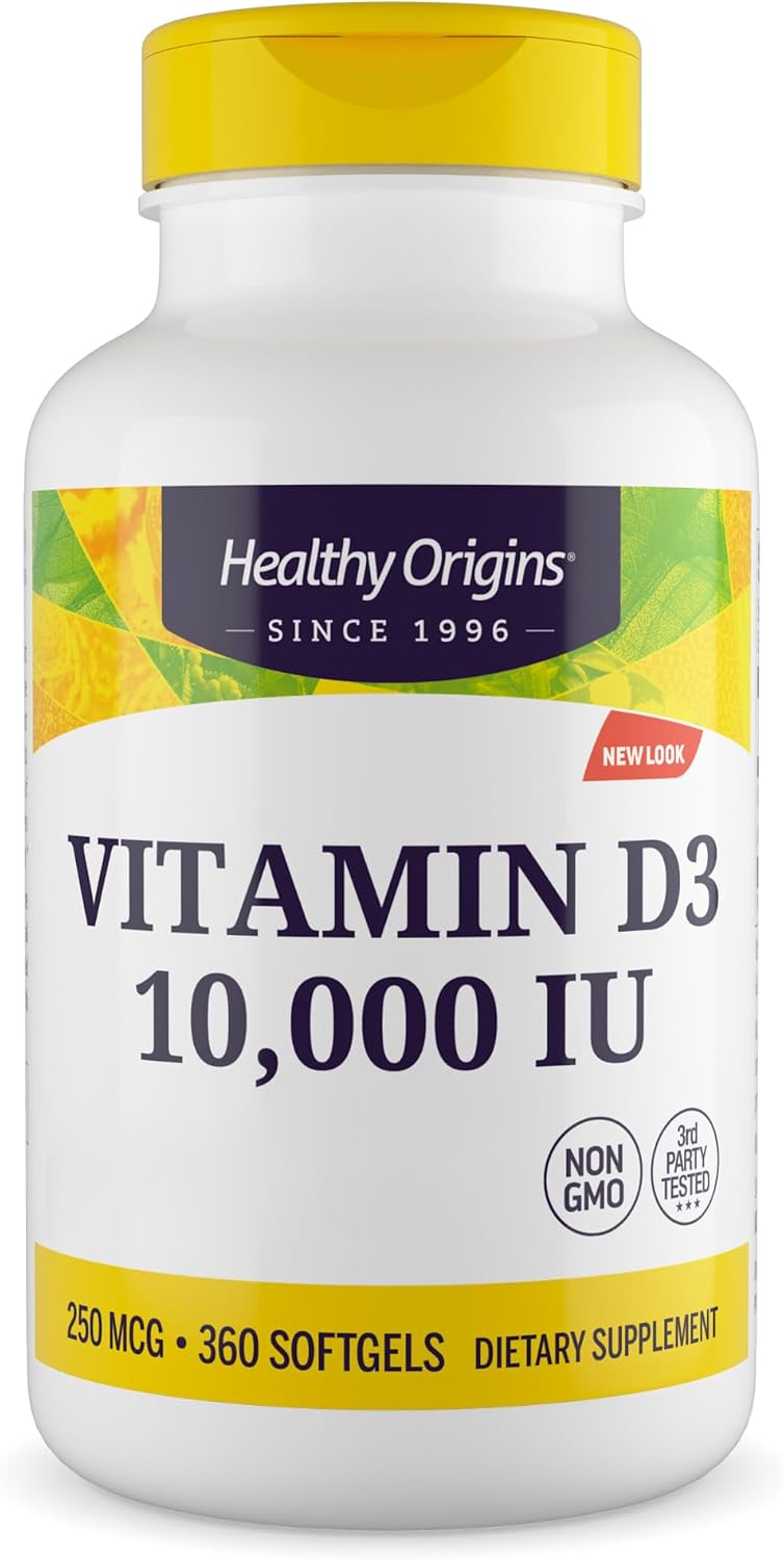 Healthy Origins, Vitamin D3, Softgels Each with 10,000 IU, 360 Capsules, Gluten-Free, Soy-Free, GMO-Free