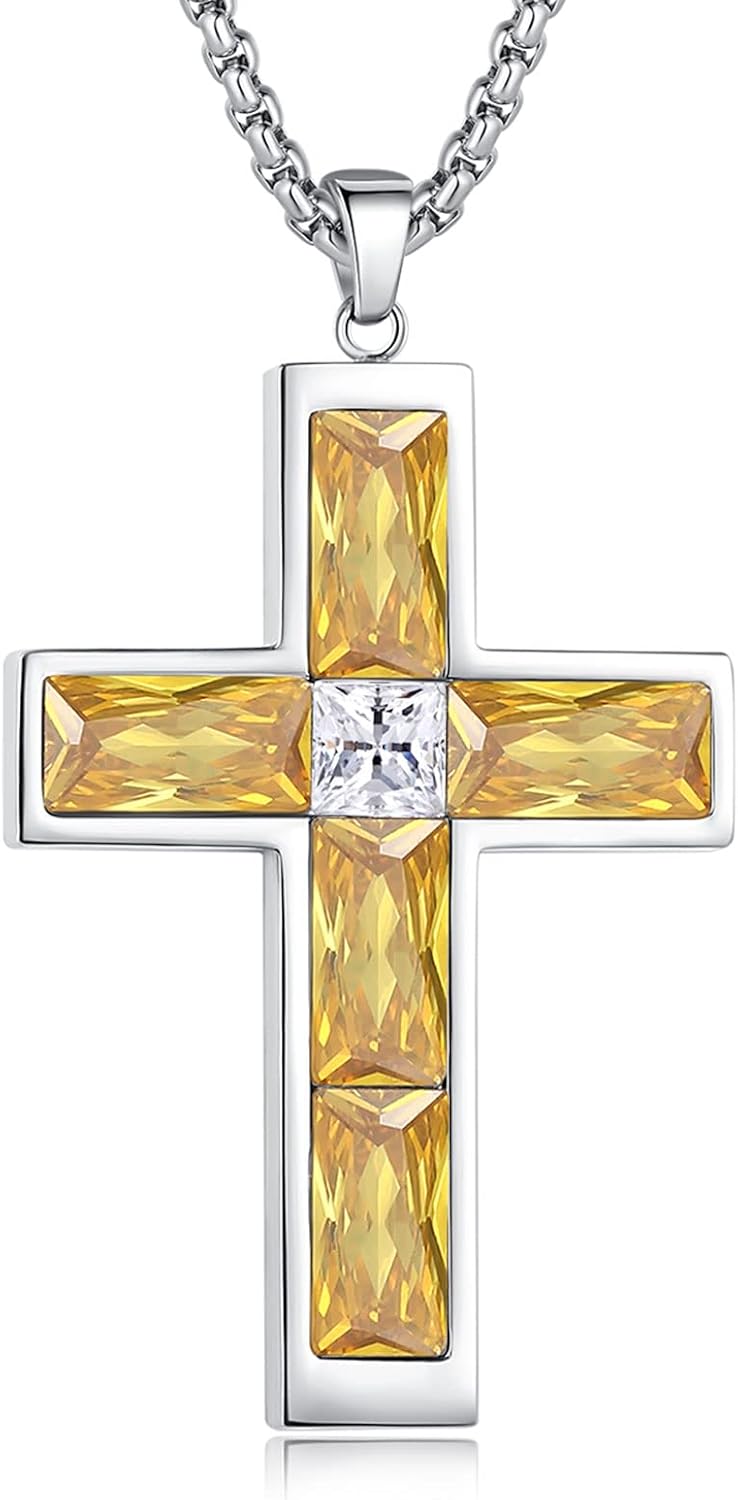 Birthstone Cross Necklace for Men, 316L Stainless Steel with Cubic Zirconia Cross Pendant Necklace for Women, 24Inch Chain Handmade Jewelry