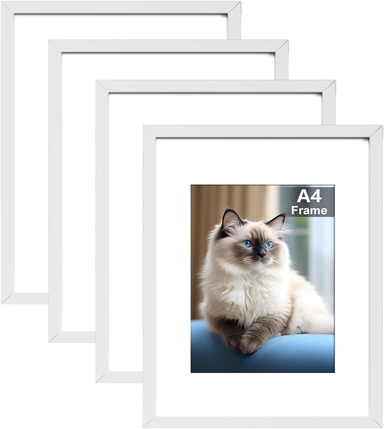 RUN HELIX A4 Picture Frame Set of 4, A4 Wihte Frame, White Picture Frames 22.6 x 31.3cm, A4 Wooden Picture Frames Plexiglass, A4 Poster Frame With Stand Table Top or Wall Hanging