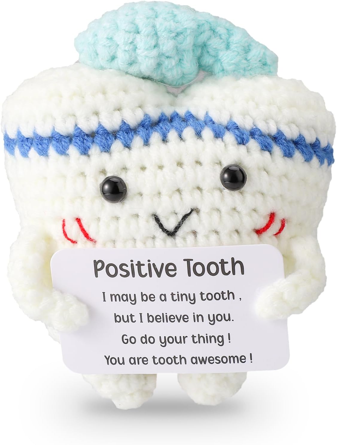 Funny Positive Tooth Doll, Handmade Crochet Plush Toy with Card Cute Dental Assistant Inspirational Gifts Emotional Knitted Support Desk Decor for Appreciation Birthday Presents