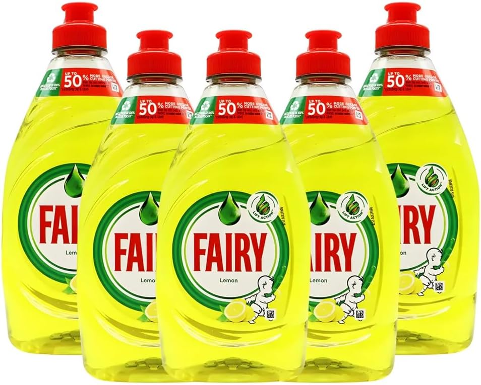 5 X Fairy Lemon Washing Up Liquid 320ml Bottles Powerful Grease-Cutting Dishwashing Liquid Concentrated Formula Long-Lasting Fresh Scent Gentle on Hands Kitchen Cleaning Essential