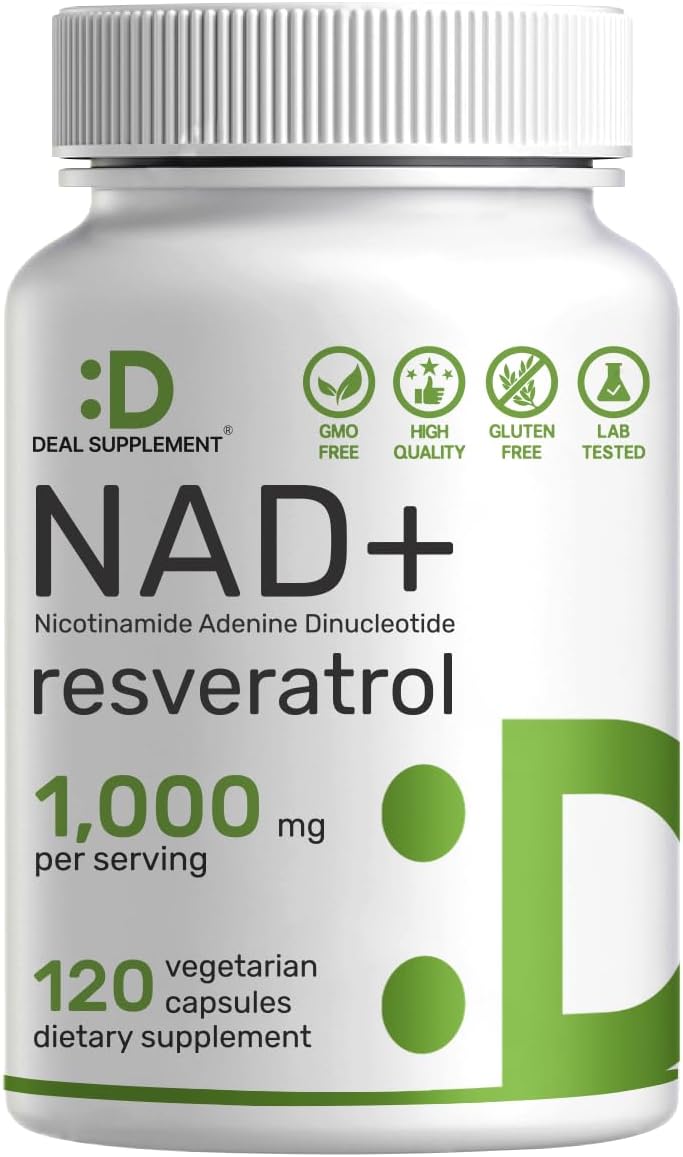 NAD+ Resveratrol Supplement 1,000mg Per Serving, 120 Veggie Capsules | 2-in-1 Extra Strength NMN Supplement Alternative | NAD Supplements for Women & Men | Non-GMO, Gluten Free