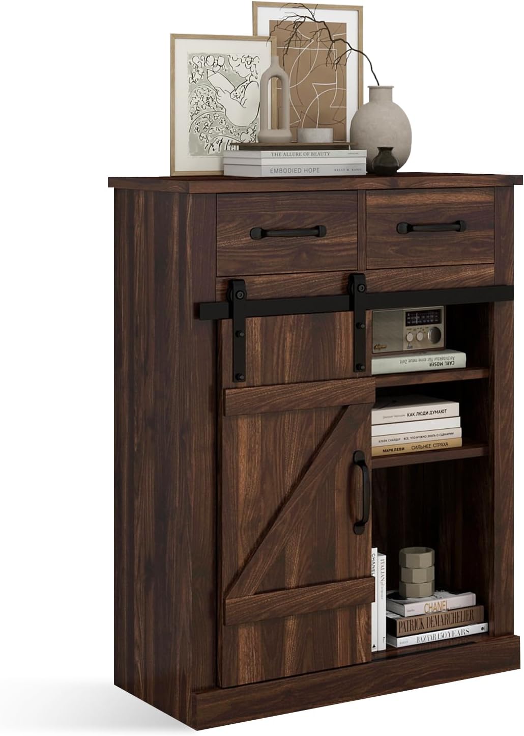 AILEEKISS Farmhouse Storage Cabinet Modern Buffet Sideboard with 2 Drawers & Barn Door Freestanding Kitchen Pantry Cabinet Coffee Bar Cabinet for Dining Room, Living Room, Bathroom, Entryway (Brown)