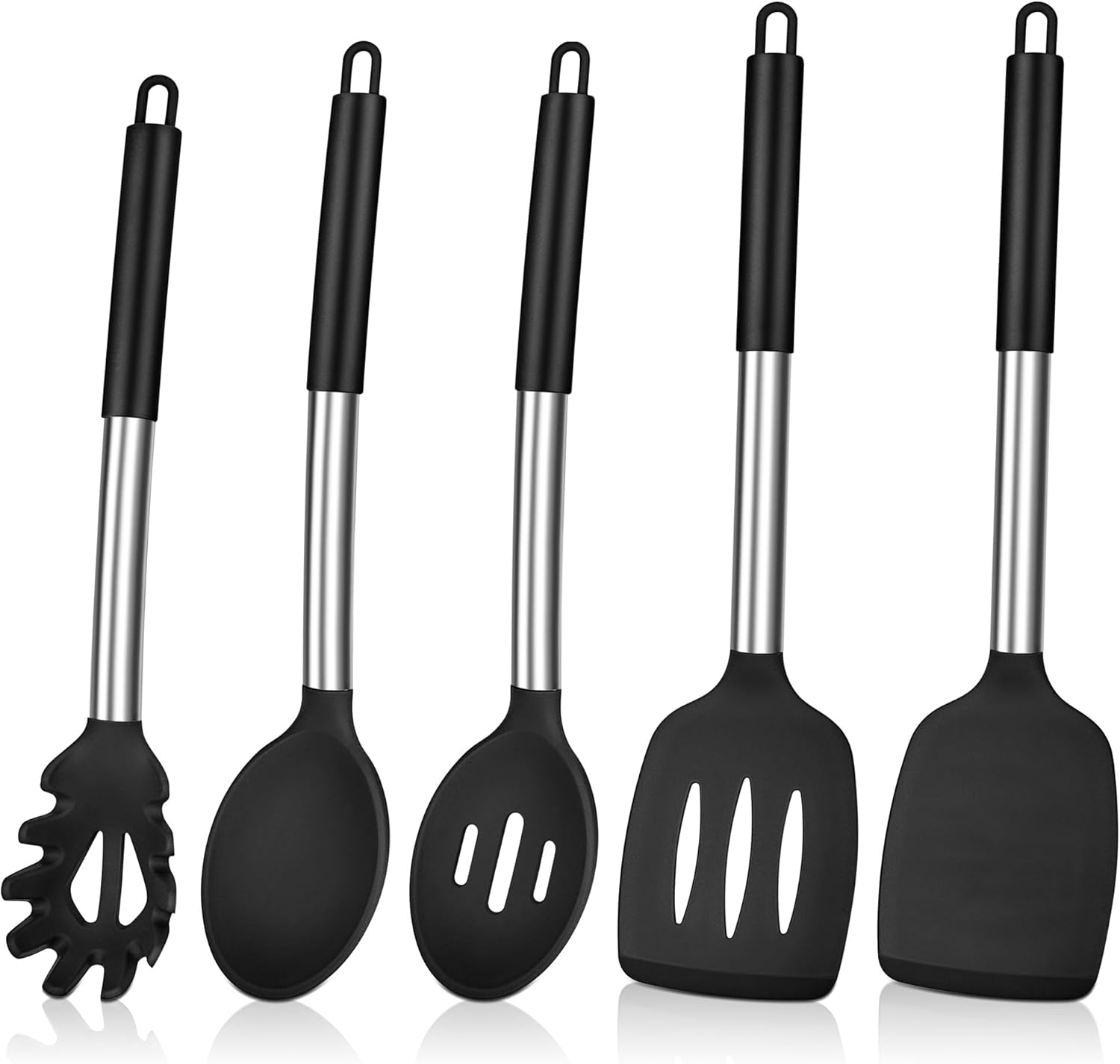 Herogo Kitchen Utensils Set, 5 Pieces Silicone Cooking Utensil with Stainless Steel Handle, Heat Resistant Kitchen Cooking Tools Turner Spoon Spatula for Nonstick Cookware Pan – Black
