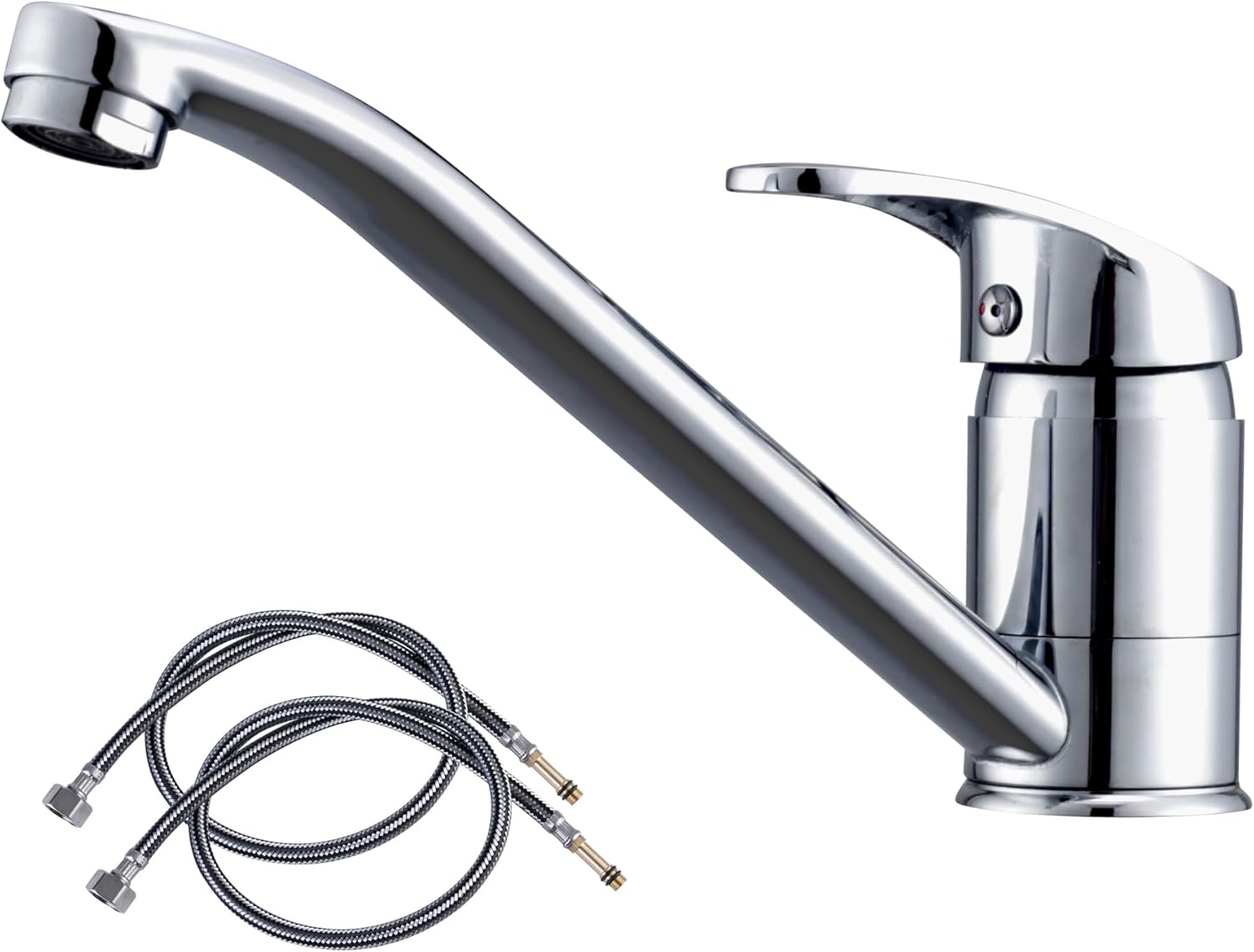 Classic Kitchen Sink Mixer Tap One-Handle Low Arc Kitchen Faucet with Long Neck 360 Degree Swivel Single Hole Caravan Tap with Pair of 80CM UK Standard Hoses, Chrome