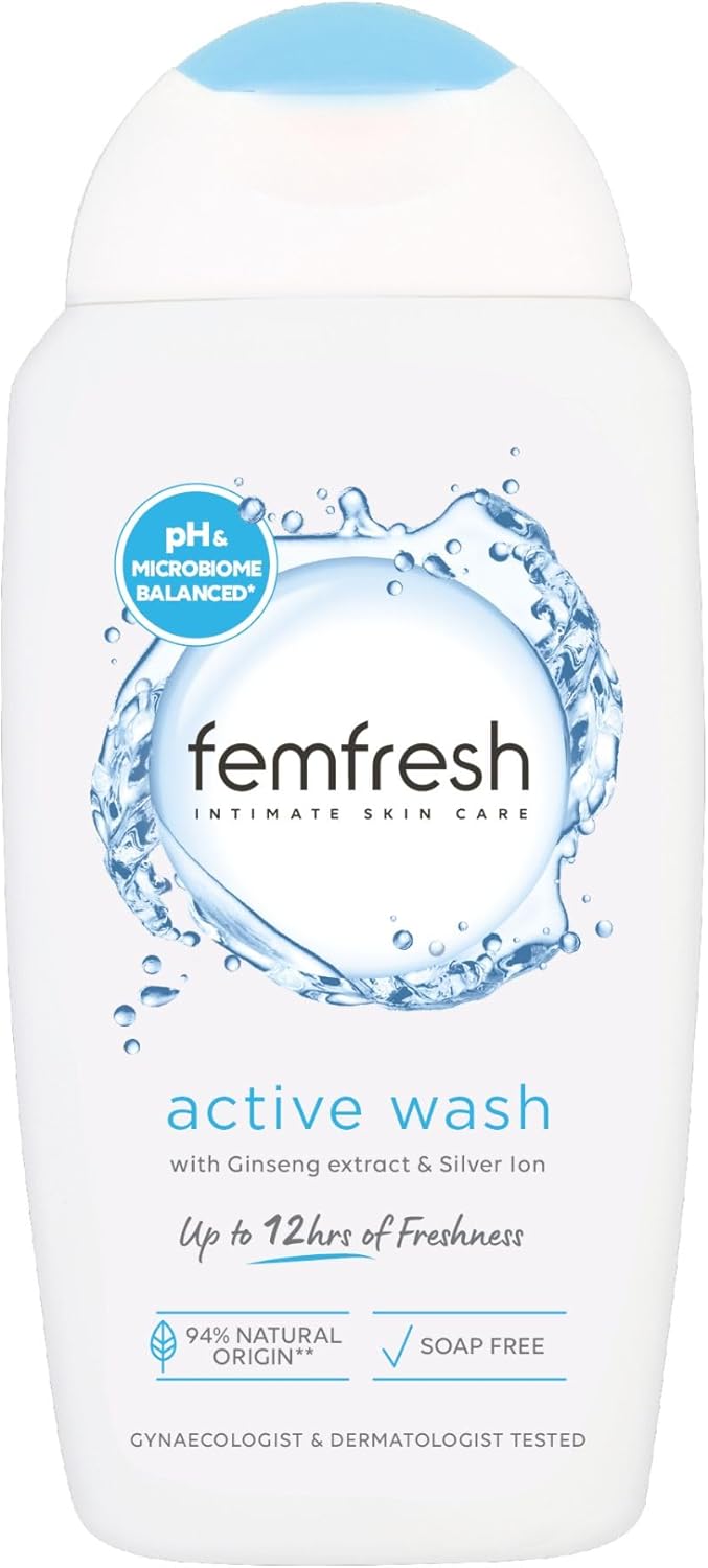 Femfresh Ultimate Care Active Vaginal Wash - Intimate Feminine Hygiene Shower & Bath Gel Cleanser - pH Balanced, Soap Free, Fragrance Free Gel Formula with 12-hour Sweat Protection - 250ml