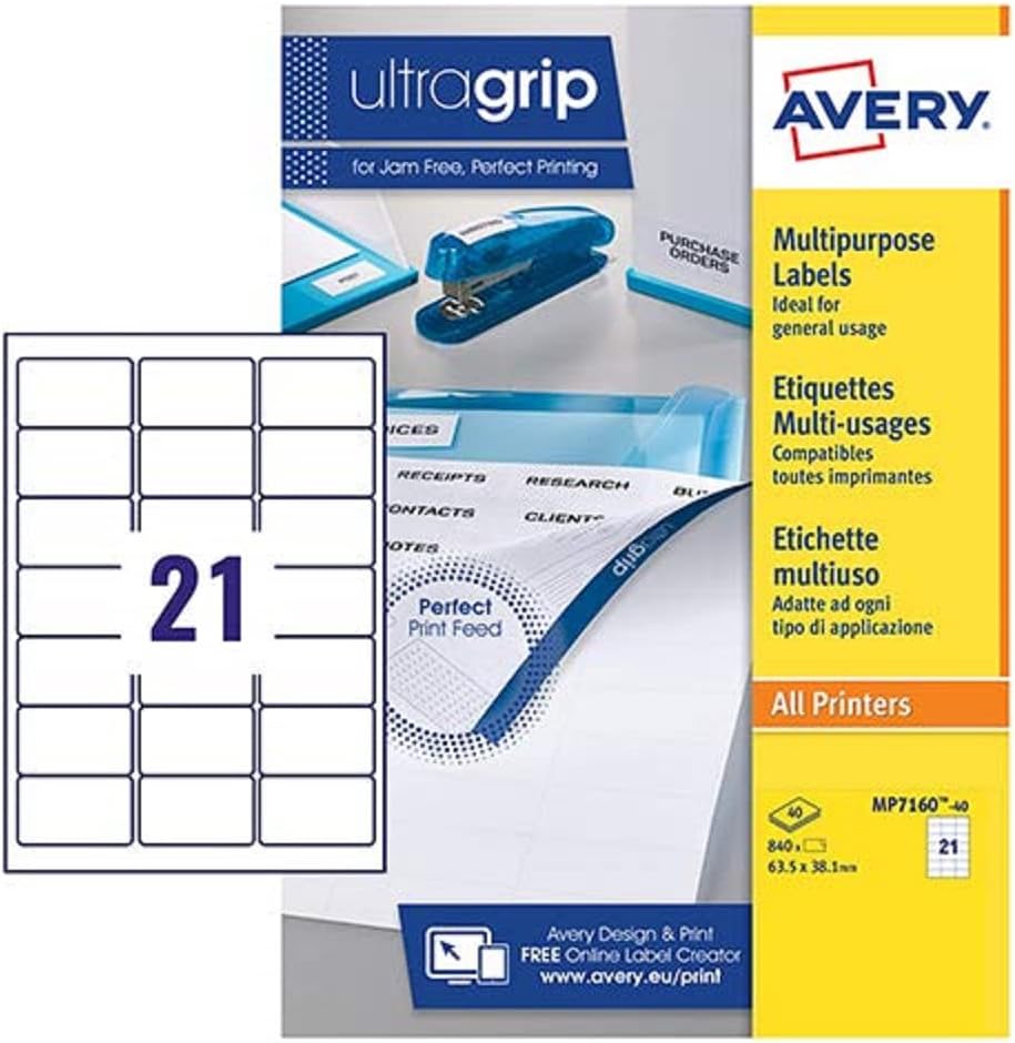 Avery Multipurpose Labels, Customisable, 63.5 x 38.1 mm, White, 21 per Sheet, 840 Blank Labels per Pack, 40 Sheets Blank Printer Label Sheet. (MP7160-40)