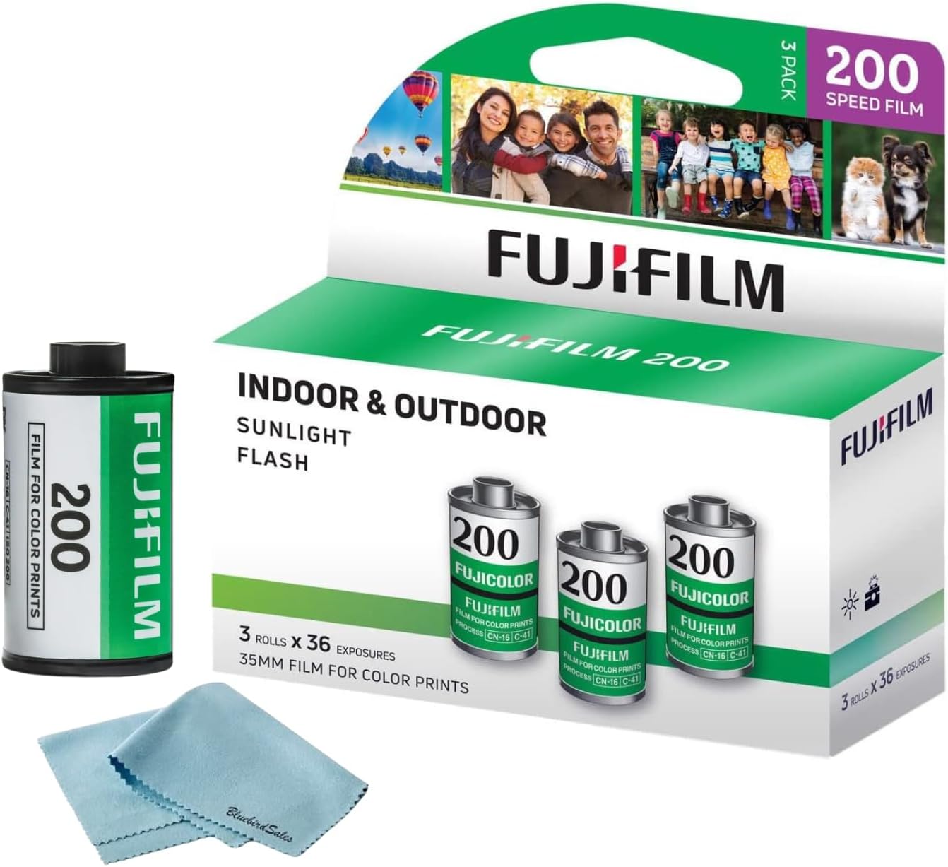 FUJIFILM 200 Color Negative Film (35mm Roll Film, 36 Exposures, 3-Pack) + BluebirdSales Microfiber Cleaning Cloth Bundle