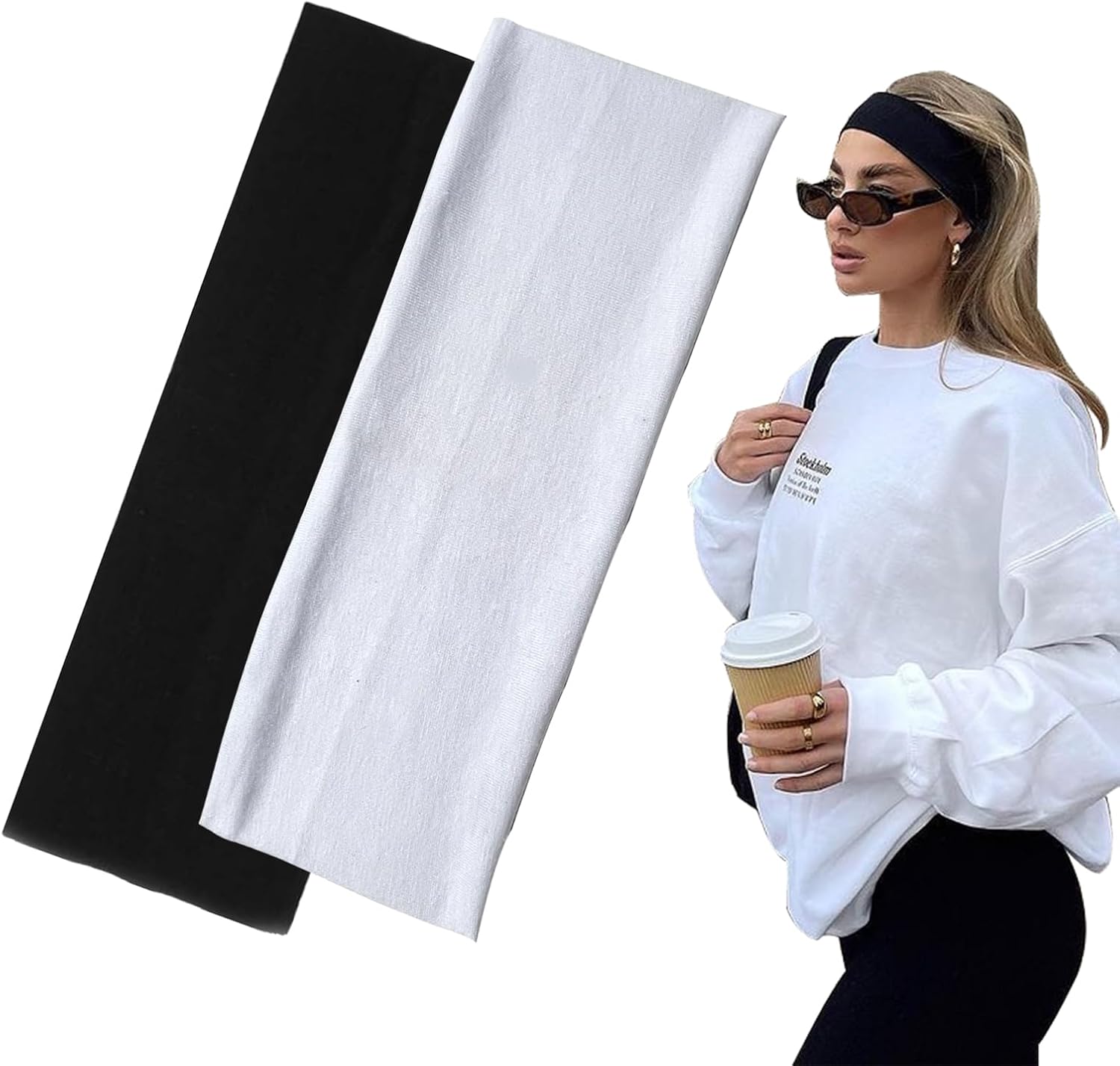 7cm Wide Black Headbands for Women Men, Yedtreg 2pack Fashion Head Bands for Women's Hair, Soft Fabric Stretchy Hair Bands for Makeup, Yoga, Running, Sports (Black/White)