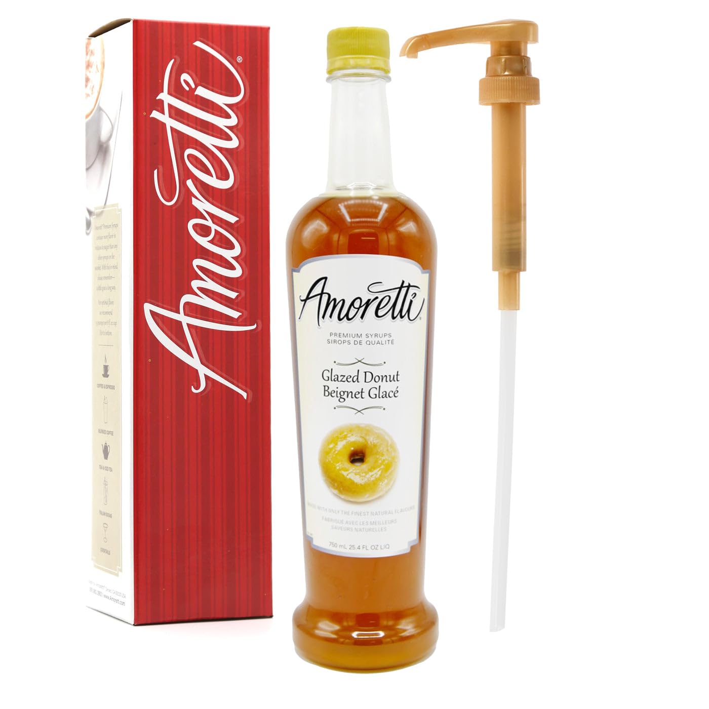 Amoretti - Premium Glazed Donut Syrup, 94 Servings Per Bottle (750 ml), with Pump for Flavoring Coffees, Cocktails, and other Beverages, Gluten Free, GMO/GEO Free, Preservative Free