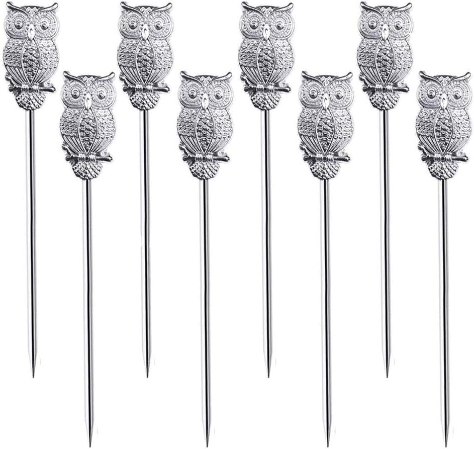 Owl Cocktail Picks, 8 pcs Stainless Steel Martini Olive Picks for Bloody Marys Olives Appetizers Fruits Sandwiches Drink Home Bar Decor (Owl Silver)