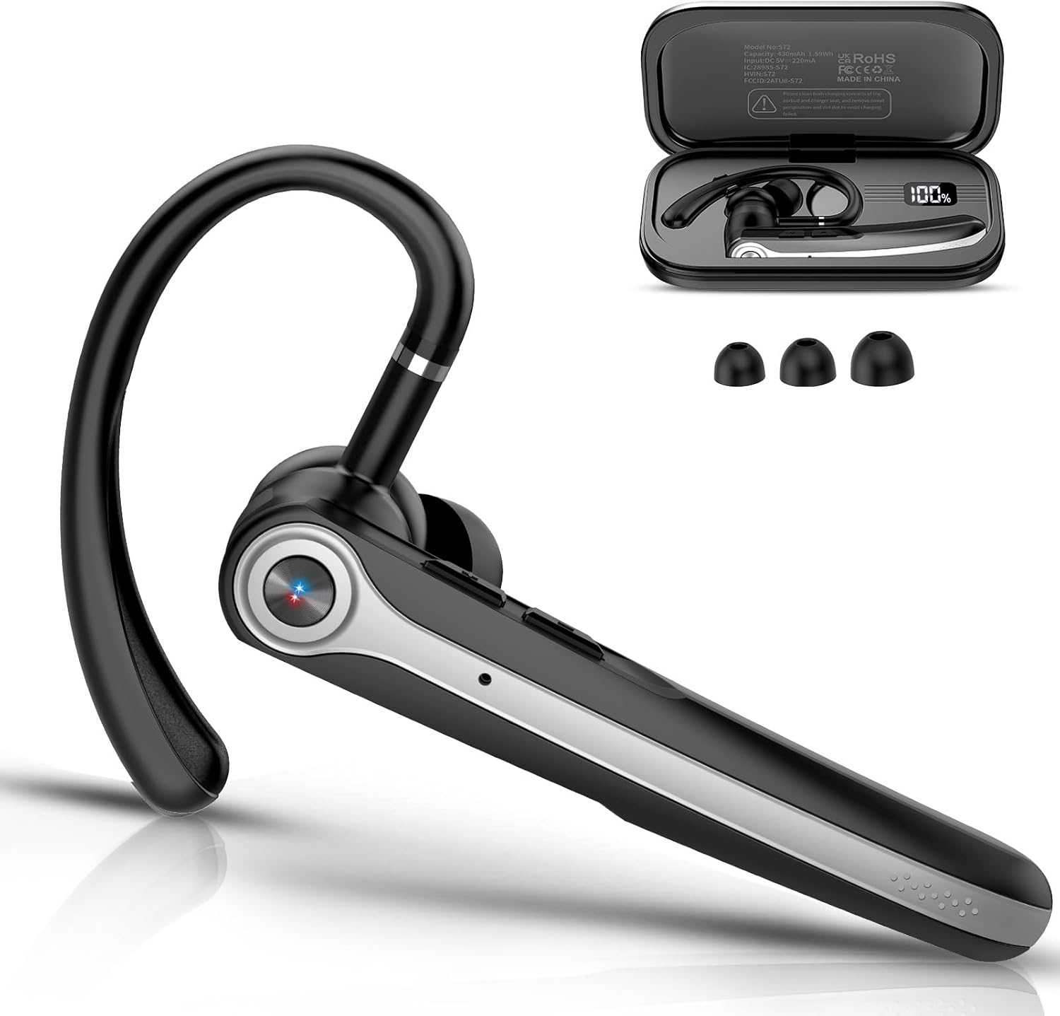 Bluetooth Headset, Wireless Bluetooth Earpiece with ENC Noise Canceling Mic, 120Hrs Talk Single-Ear Headphones, LED Display, IPX7 Waterproof Hand-Free Earphone for Business/Trucker/Driver, Black