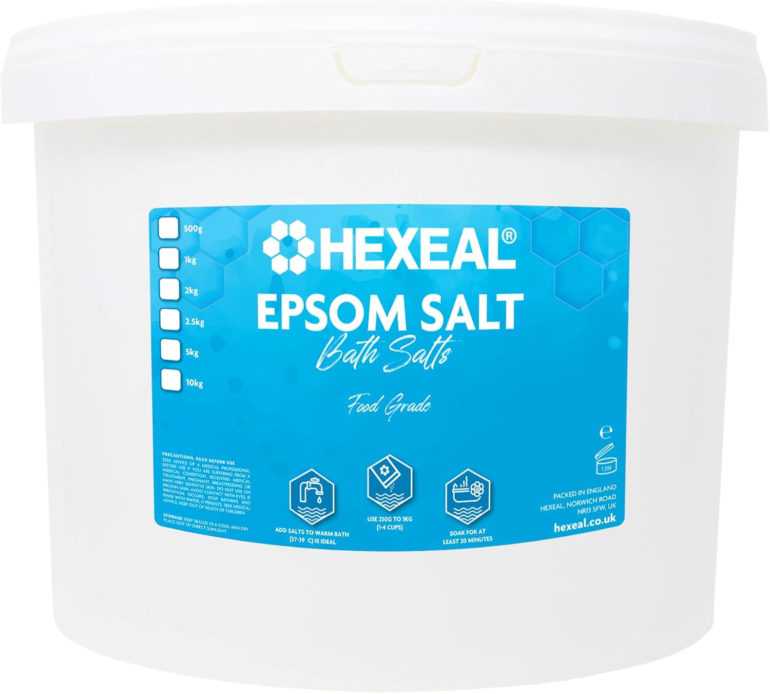 Hexeal Epsom Salt 10kg – 10kg Bucket of Food Grade Magnesium Sulphate for Bathing, Gardening & Household Use – Suitable for Personal Care, Soil Enrichment, and More