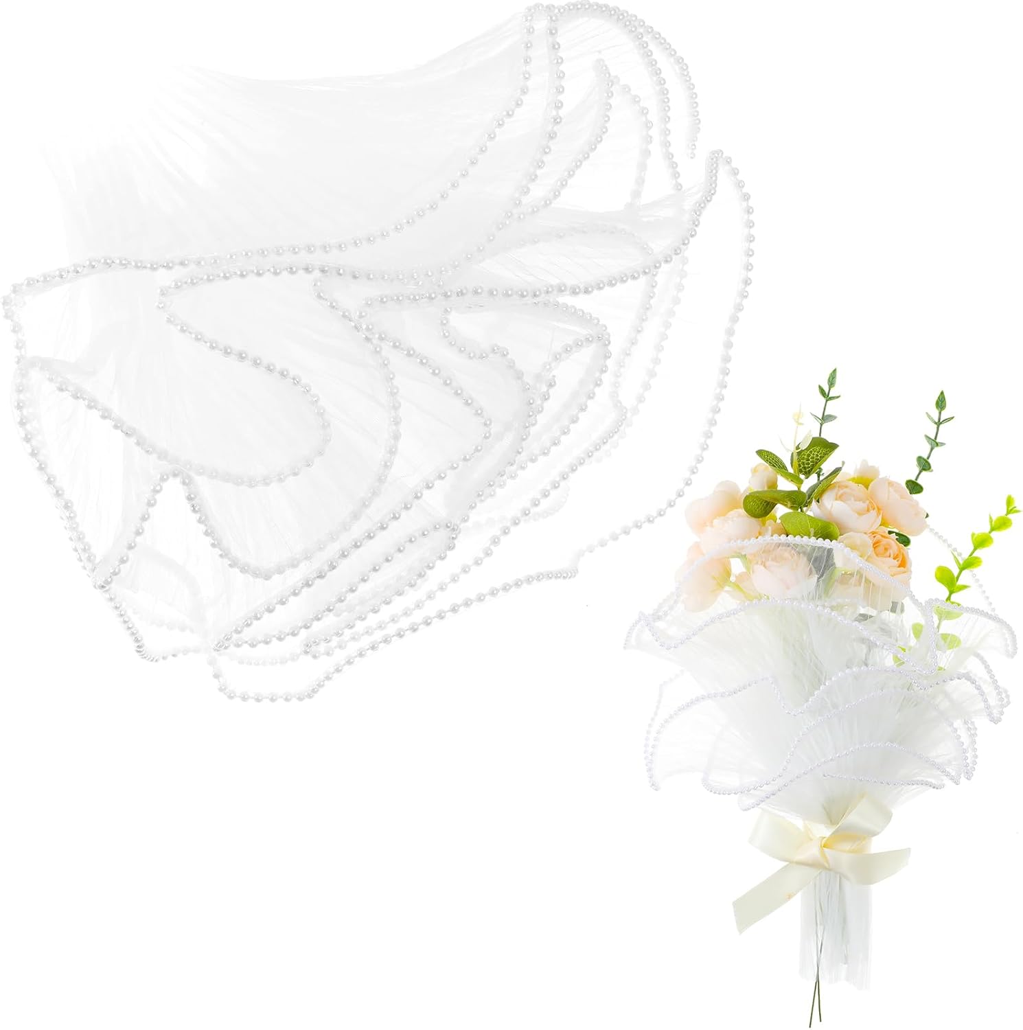 4 Yards White Bouquet Wrapping Mesh Paper Pearl Edge Wrinkled Wavy Net Yarn Flower Wrapping Paper for DIY Crafts Valentine's Day Mother's Day Wedding Florist Supplies
